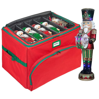 Christmas Nutcracker and Figurine Collectible Storage Box - Holds Up to 72 Ornaments 4” x 4” - Top Adjustable Compartments for Figurines, Nutcrackers, etc - Heavy Duty 600D/ Inside PVC Material