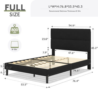 GRUSIGN Full Size Platform Bed Frame with Velvet Headboard, Adjustable Height Wooden Slats Support, Upholstered Mattress Foundation, Fits Mattress or Mattress with Box Spring, Easy Assembly, Black