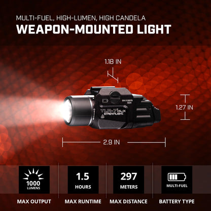 Streamlight 69458 TLR-7 HL-X USB 1000-Lumen 22000-Candela Rechargeable Rail Mounted Weapon Light with Interchangeable High & Low Switches and Key Kit, Black