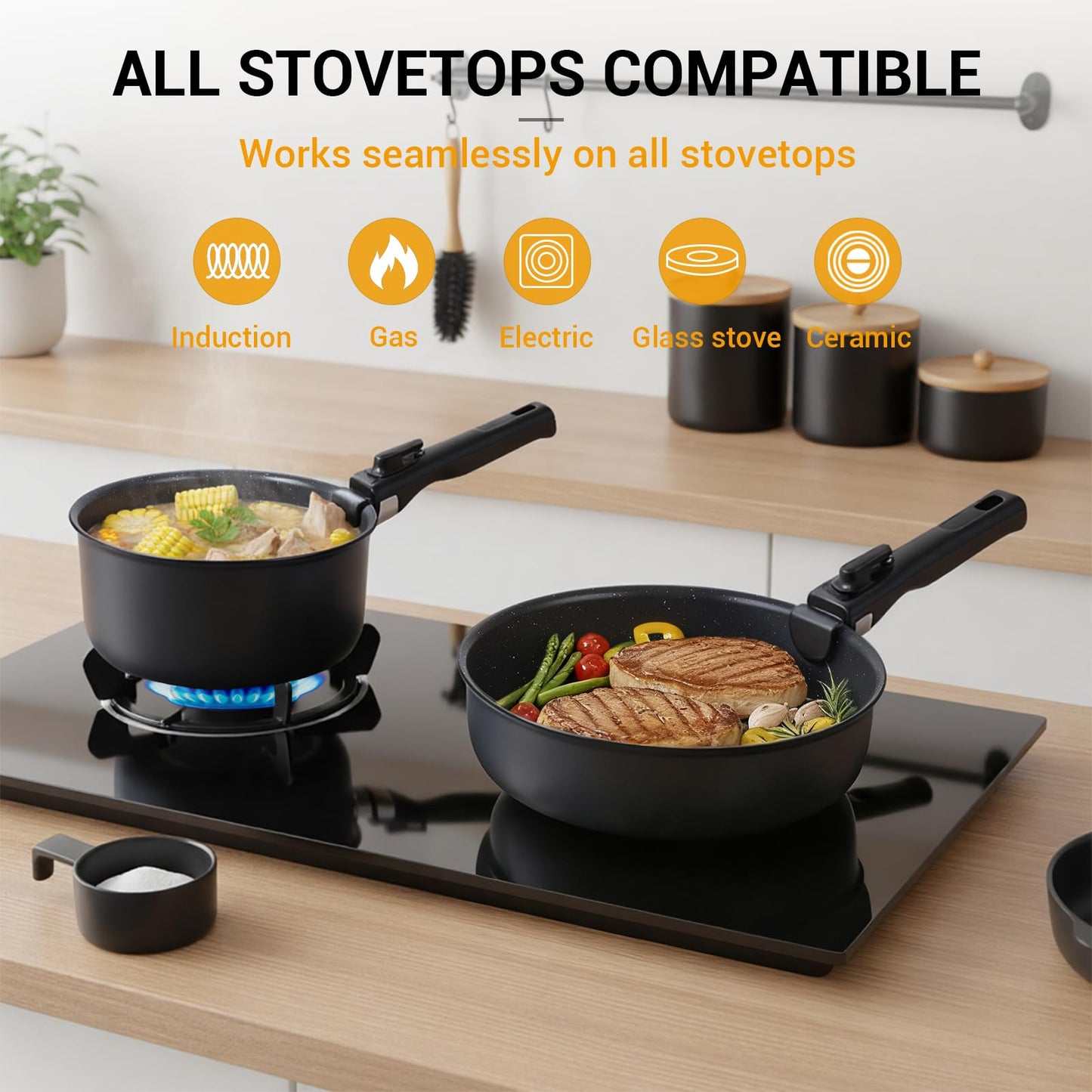 Ammeloo 21pcs Ceramic Pots and Pans Set Non Stick with Detachable Handles and Egg Frying Pan & 21 Pcs Pots and Pans Set with 3 Frying Pans
