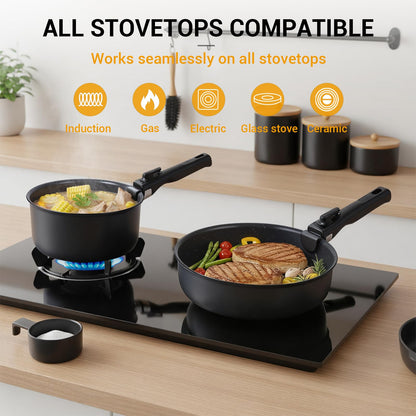 Ammeloo 21pcs Ceramic Pots and Pans Set Non Stick with Detachable Handles and Egg Frying Pan & 21 Pcs Pots and Pans Set with 3 Frying Pans