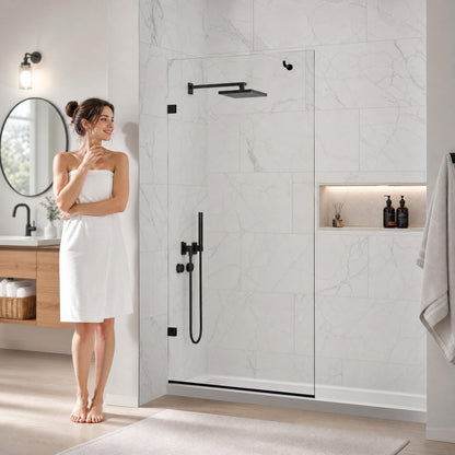 YTTSOYTS Premium Shower Screen 36"×76" Frameless Shower Glass Panel, 3/8'' (10mm) Fixed Glass Shower Panel, Tempered Glass Door Easy Clean Coating, Bathroom Shower Screen with Hook (Matte Black)