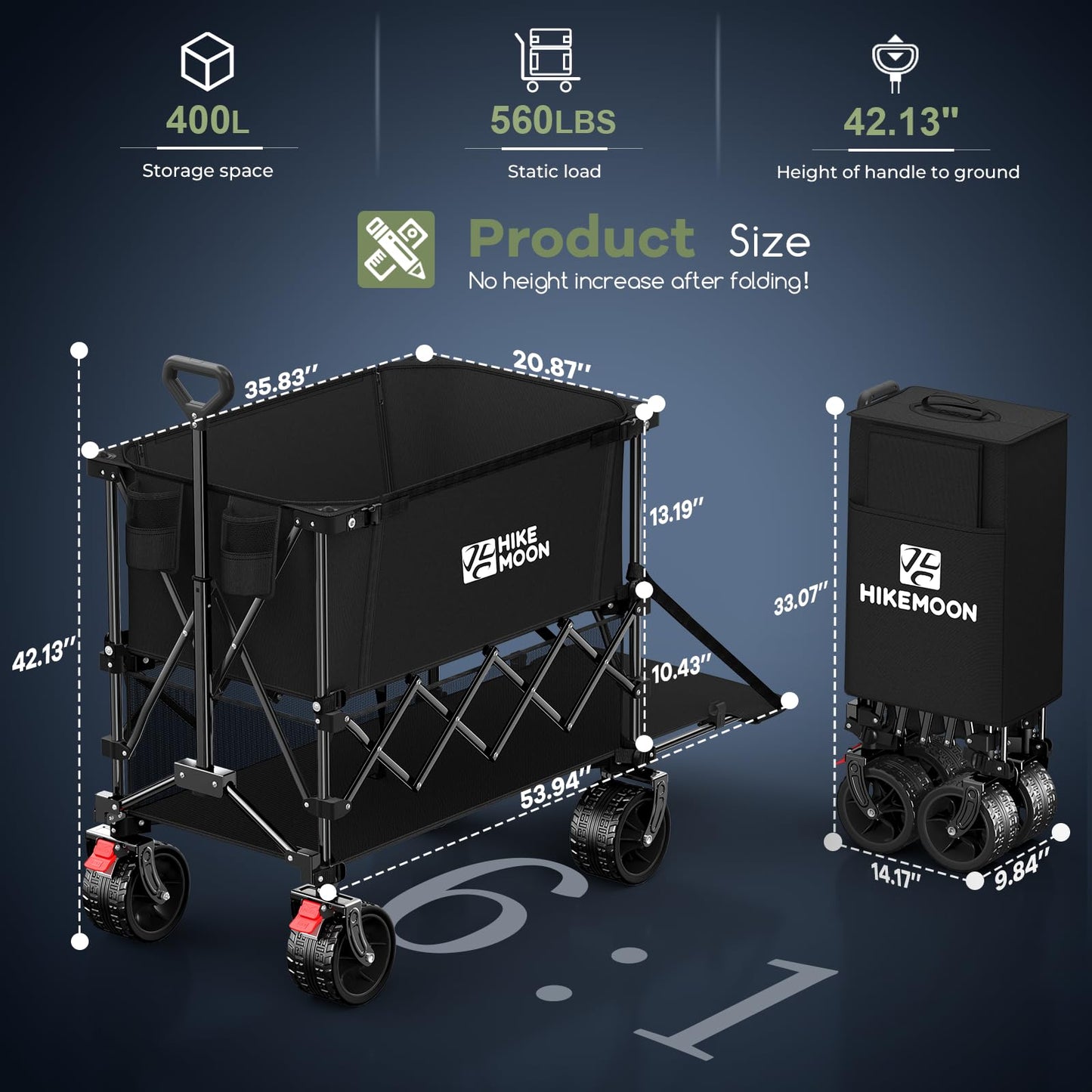 Hikemoon 400L Double Decker Wagon with Tailgate 54'' Extra Long, 560LBS Heavy Duty Wagons Carts Foldable, Big All-Terrain Wheels with Brakes, Utility Folding Cart for Beach, Camping, Sports, Black