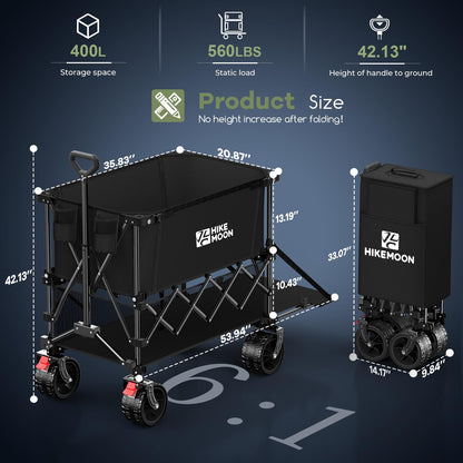 Hikemoon 400L Double Decker Wagon with Tailgate 54'' Extra Long, 560LBS Heavy Duty Wagons Carts Foldable, Big All-Terrain Wheels with Brakes, Utility Folding Cart for Beach, Camping, Sports, Black