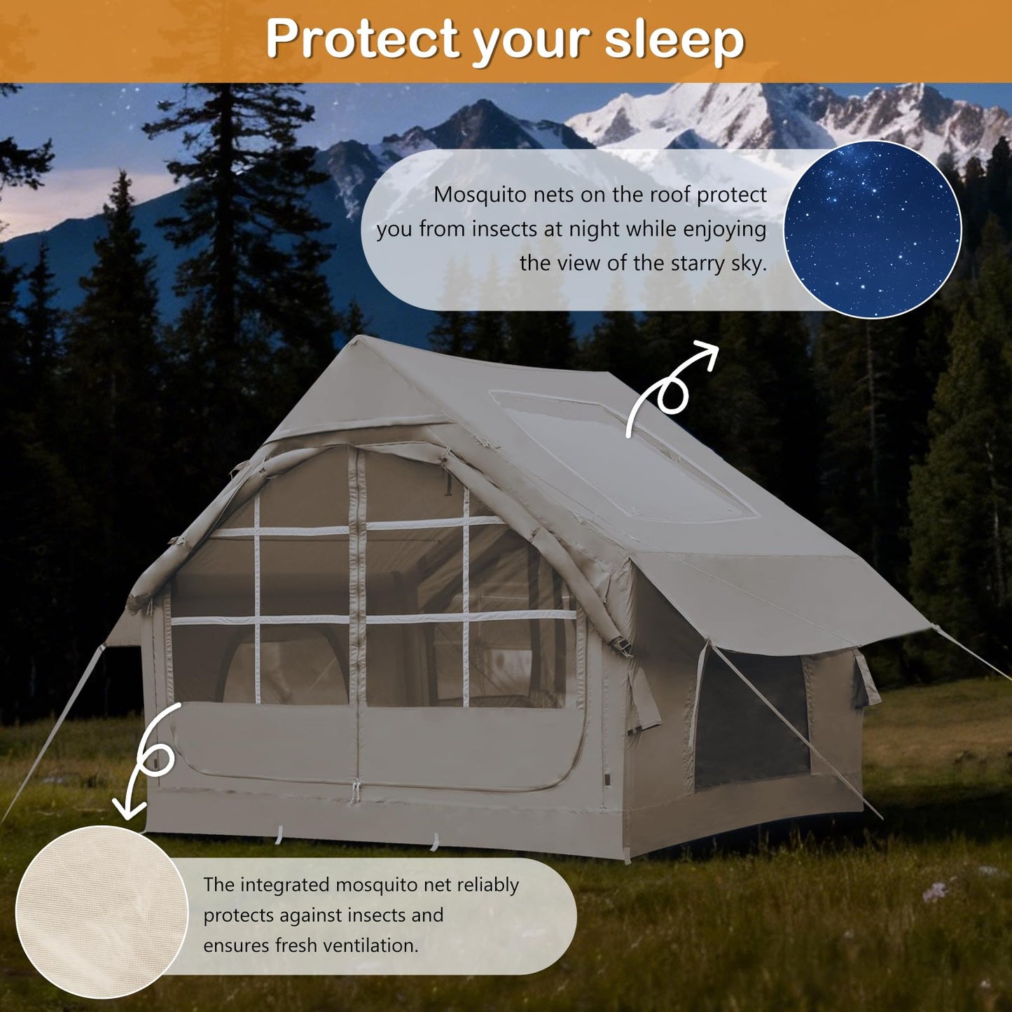 SANHOVO Inflatable Tents for Camping - Easy Blow Up Glamping Tent with Hand Pump, Hot Tent with Stove Jack Waterproof PVC Air Inflatable Tent House for Family Weekend Camping 4-6 Person 4 Season