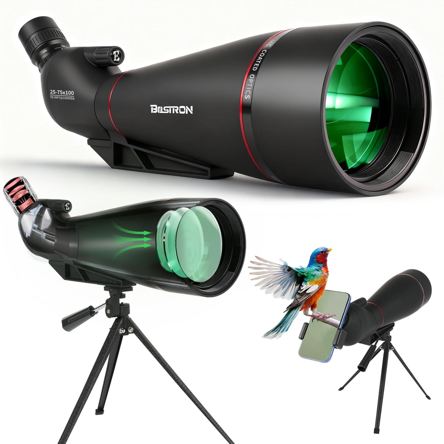 BOSTRON 25-75x100 Spotting Scope, BAK4 FMC Waterproof Spotter Scope with Tripod Phone Adapter, for Target Shooting Hunting Wildlife Bird Watching