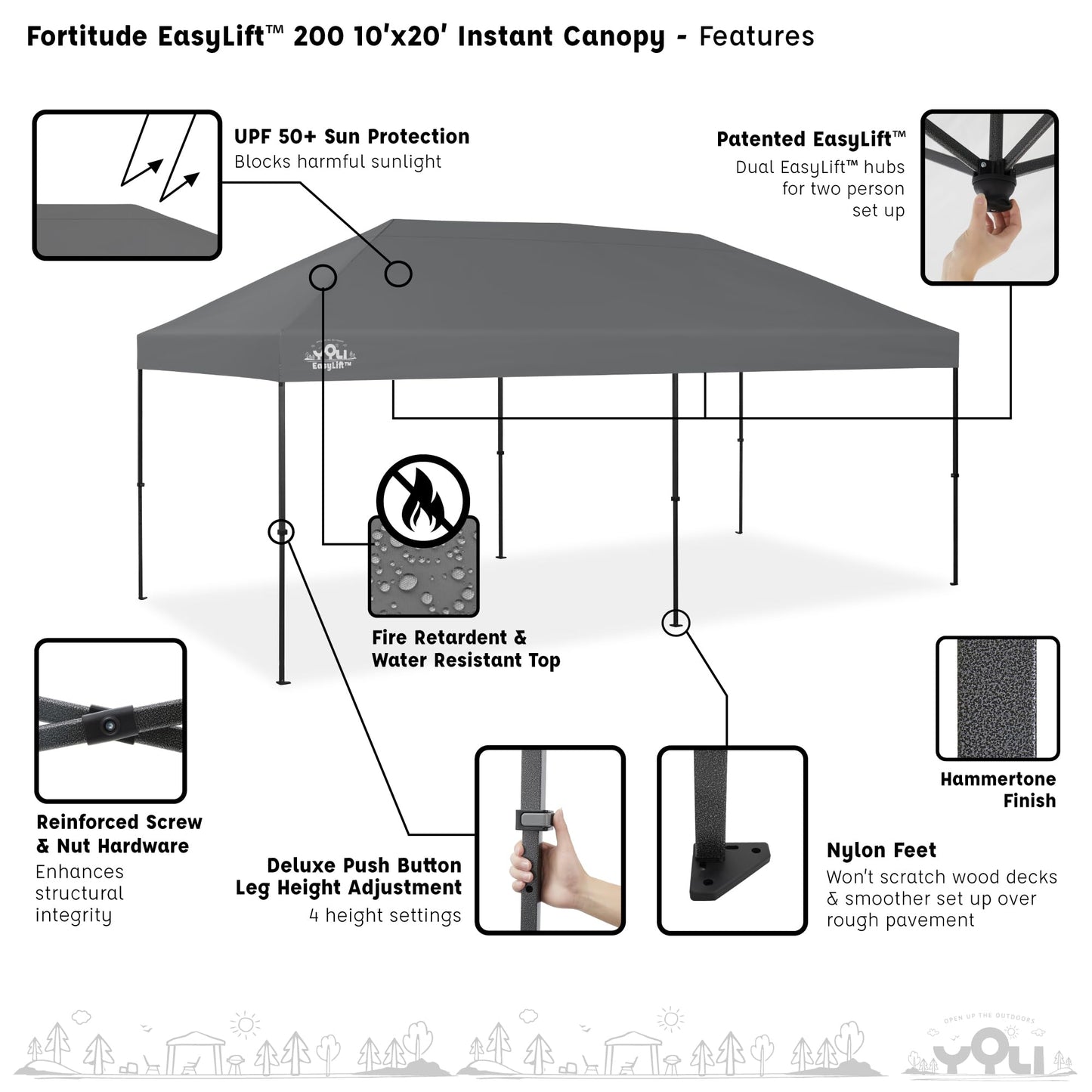 YOLI Fortitude EasyLift 200 Instant Pop-Up Canopy, 10x20 Heavy Duty Pavilion with EasyLift Tech & Heat Reflective Top – Gray