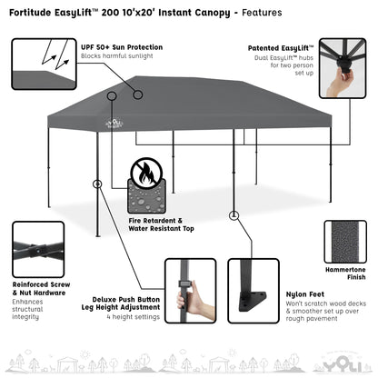 YOLI Fortitude EasyLift 200 Instant Pop-Up Canopy, 10x20 Heavy Duty Pavilion with EasyLift Tech & Heat Reflective Top – Gray