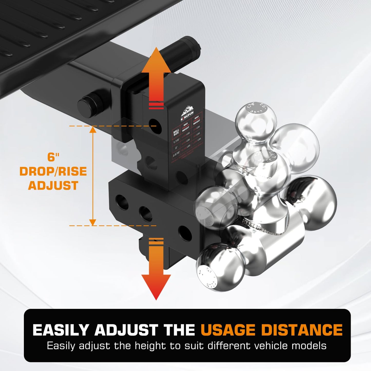 Kingfun Adjustable Trailer Hitch - Drop Hitch Fits 2 Inch Receiver, Tri Ball (1-7/8", 2", 2-5/16") 6 Inch Drop/Rise, 12500 LBS GTW Aluminum Heavy Duty Tow Hitch with Anti-Theft Pin - (Black)