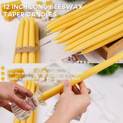 12 Inch Beeswax Taper Candles, 12 Pack Natural Beeswax Candlesticks 12 Hour Extra-Long Burning Time Tapered Beeswax Candle Sticks Smokeless Unscented Emergency Candles Bees Wax Candle for Home Prayer
