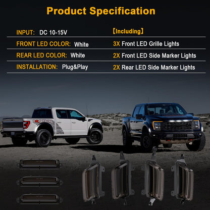 Led Flare Side Marker Lights Sets for 2021-2025 F150 Raptor R, 2X Front Rear Fender Lights & 3X Front Grille Clearance Lights White Smoked Lens Full Dually Fender Lamps Kit for Raptor R SuperCrew