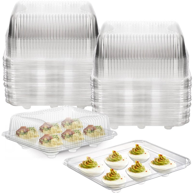 Yopay 50 Pack Deviled Egg Trays with lid, Plastic Clear 6 Slots Deviled Eggs Halves Carrier Deviled Container Dish Plate Holder for Party, Classic Cuisine Trays