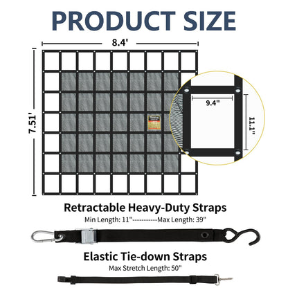 Tecoom Cargo Net with Mesh, 8.4 x 7.51ft 1,500 LBS Capacity Truck Bed Net for Trailer, Trucks, Boat, Jeep, Pickup, Heavy Duty Cargo Net with Adjustable Cam Buckles & S-Hooks & Cross Strap
