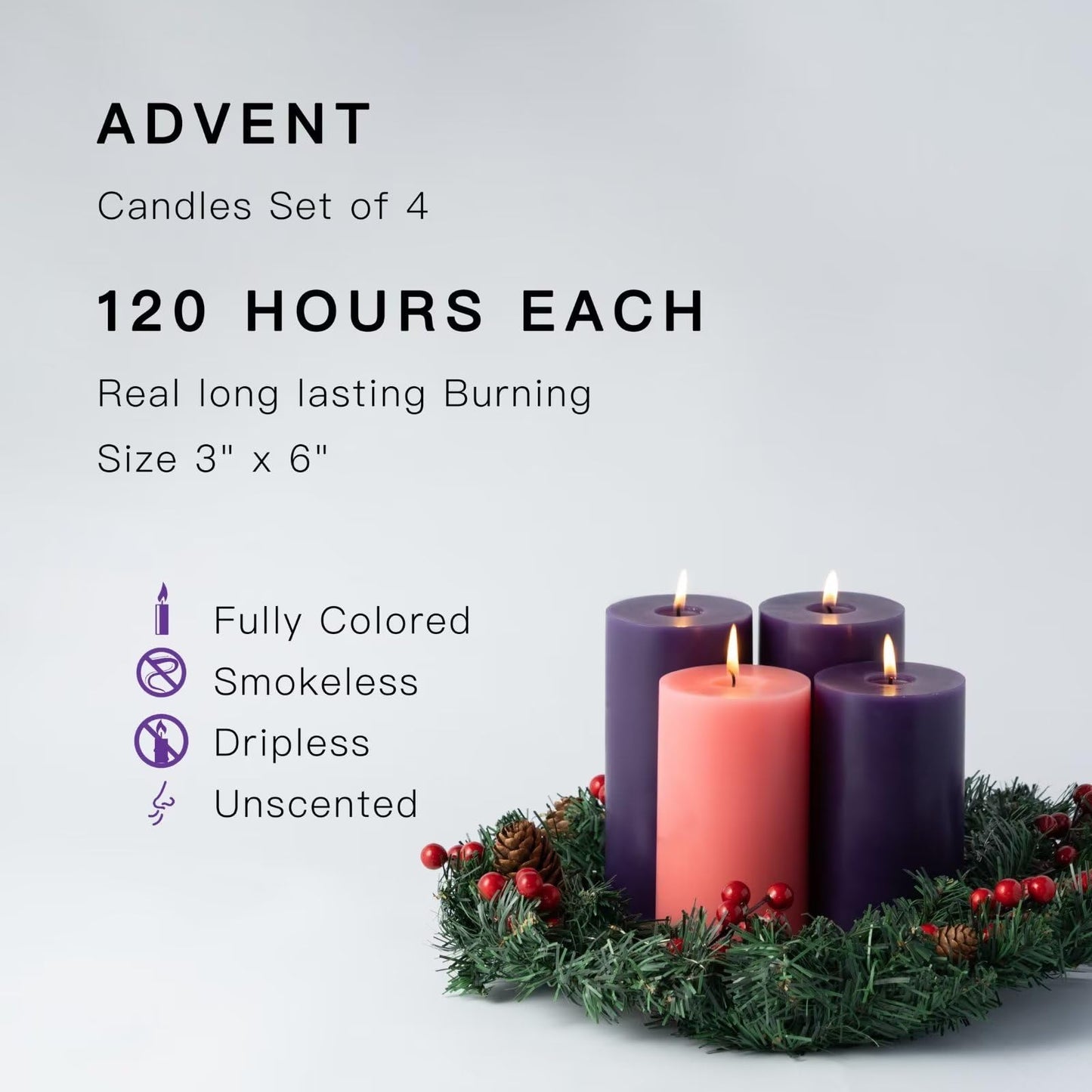 MOZEAL 3" x 6" Hand-Poured, Unscented Advent Pillar Candles. Each Candle Offers Approx 115 Hours of Clean, Long-Lasting Burn time.Dripless Advent Candles Set of 4 is Ideal for Advent Wreath
