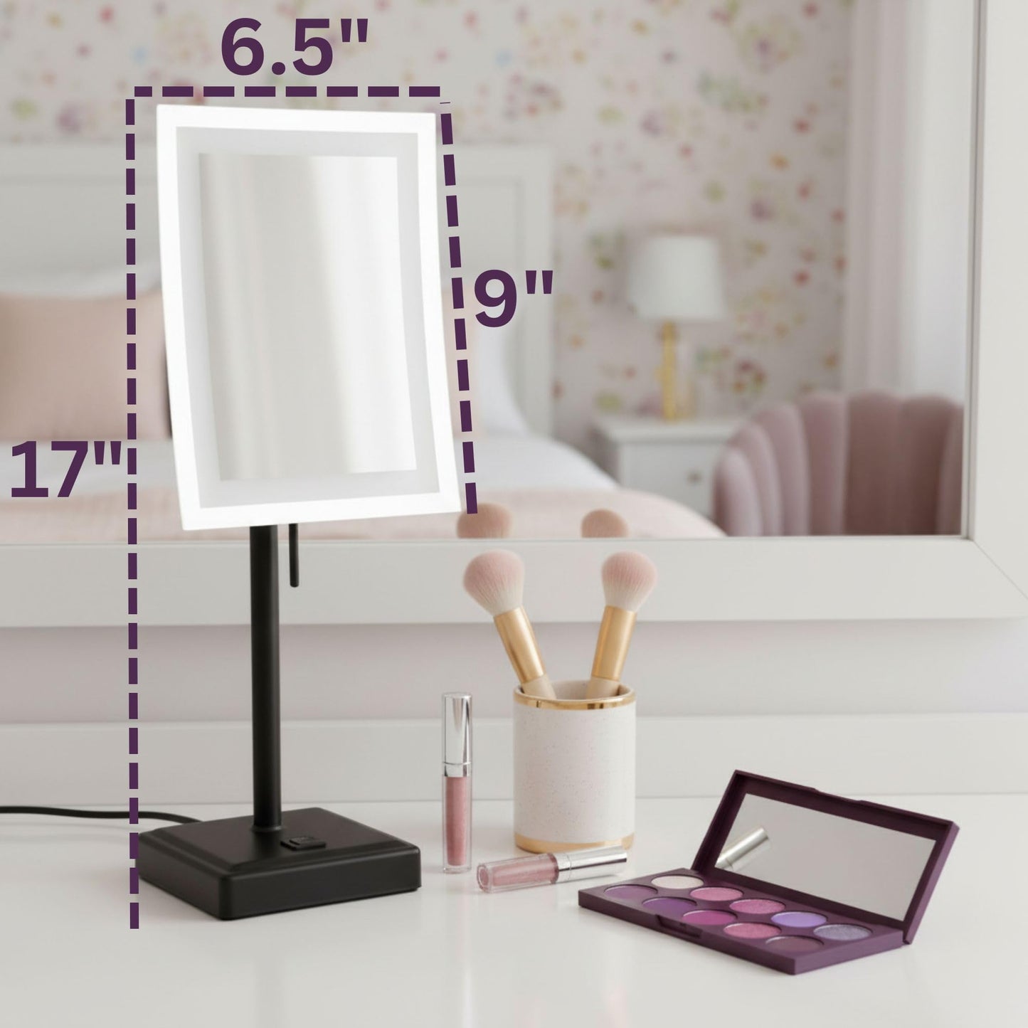 JERDON Lighted Tabletop Magnifying Mirror - Black Makeup Mirror with 5X Magnification and LED Lights - Model JRT910BKL
