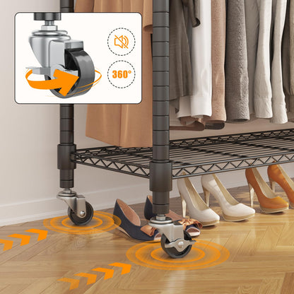 BATHWA Heavy Duty Rolling Clothes Rack with Wheels, 640 lb Hanger Rack & Garment Rack, 25mm Metal Freestanding Portable Closet, 2 Rods + Adjustable Shelves for Hanging Clothes