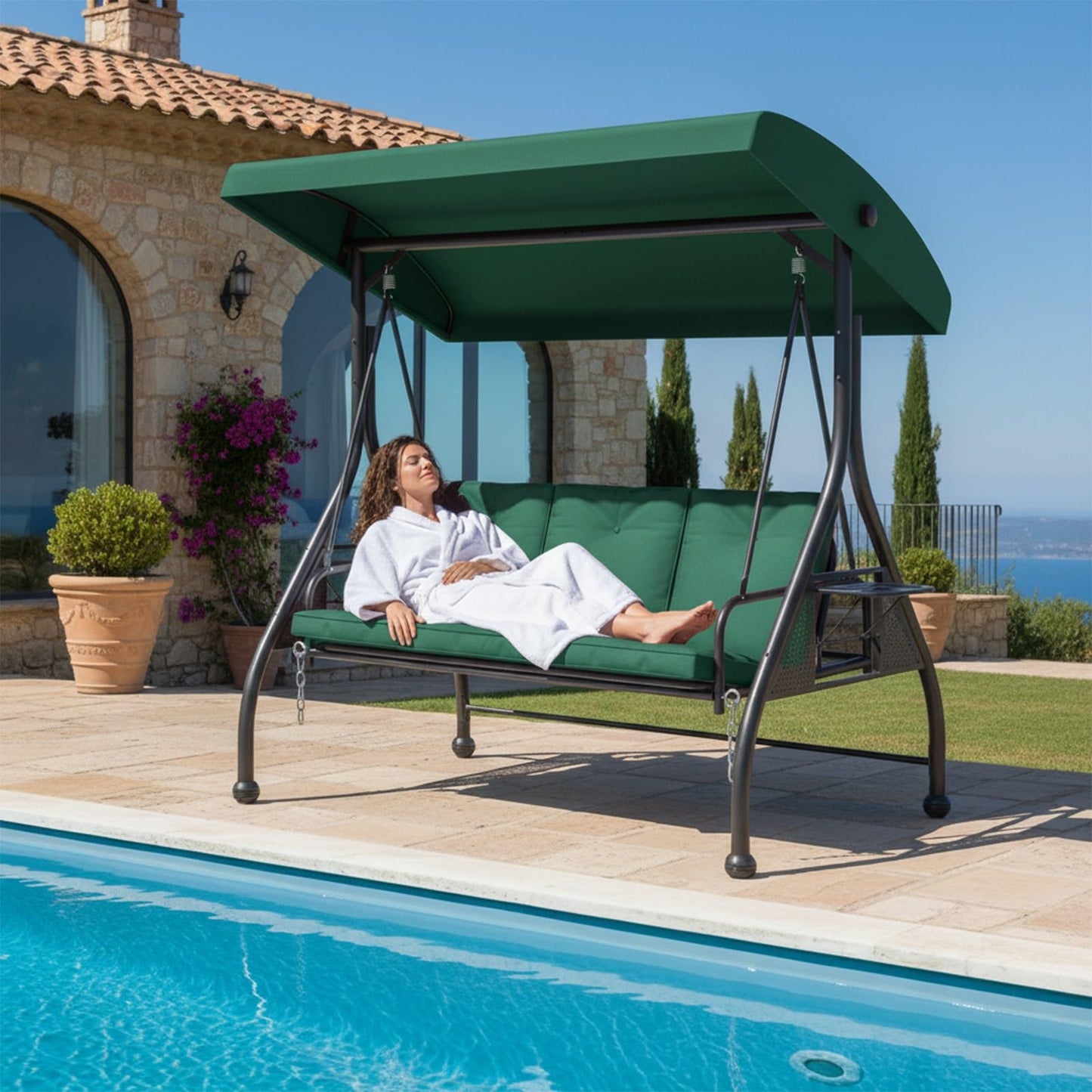 3-Seat Outdoor Porch Swing Glider with Stand, Convertible Patio Swings Bed with Foldable Side Tray & Thicker Cushion for Balcony Garden Deck Poolside - Green
