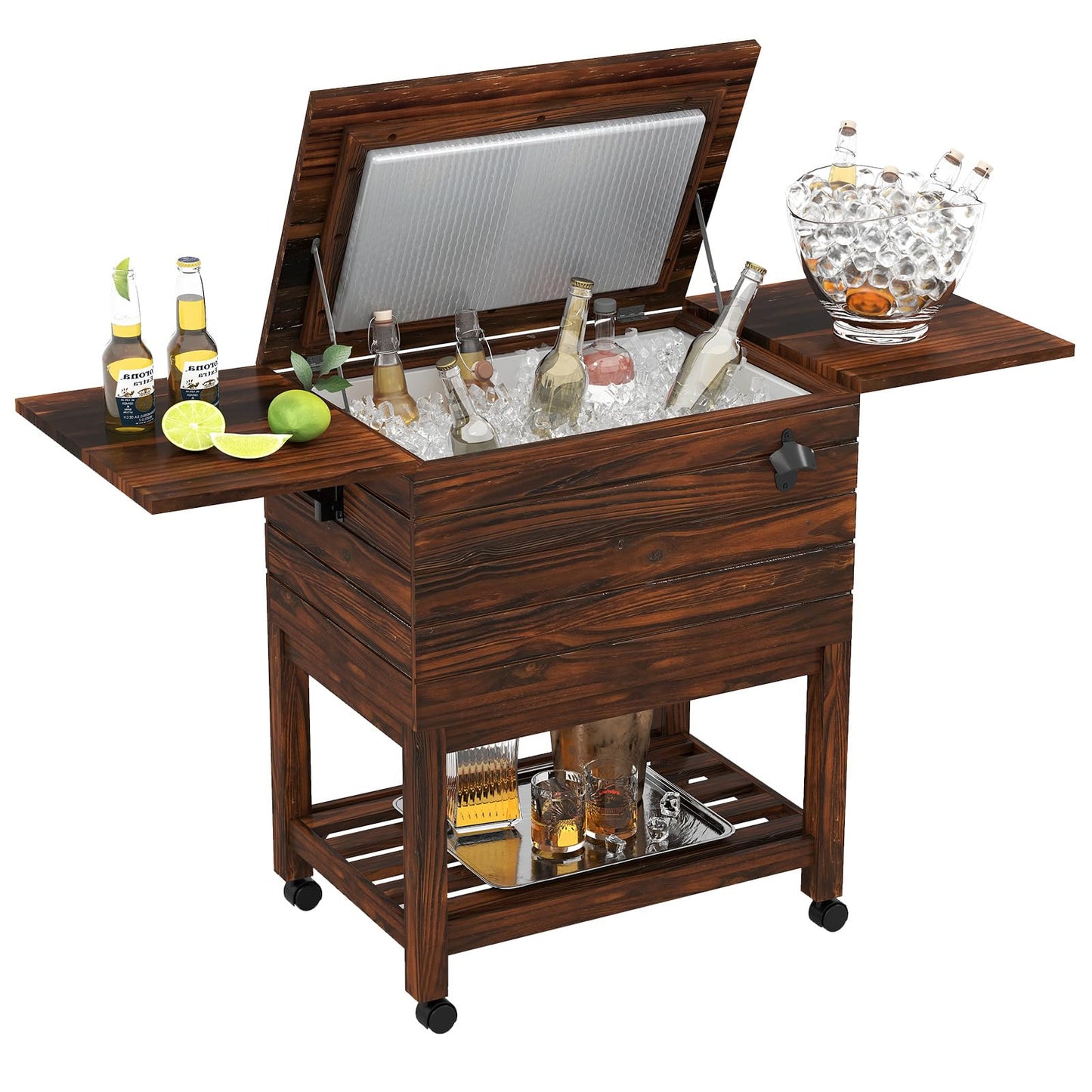 SPORFIT 54 Quart Rolling Patio Cooler Cart, Pine Wood Ice Chest Bar Cart with Drain, Fold Down Shelves & Bottle Opener, Outdoor Beverage Cooler Cart on Wheels for Parties Backyard Poolside Deck