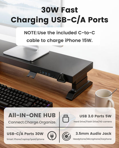 Furnny Height Adjustable Monitor Riser with 6-Port Hub – 37.6" Extra Wide Desk Stand for Dual Monitors, Continuous Height Adjustment 4.33–6.69" via Knob, USB-C Fast Charging, Carbon Steel Black