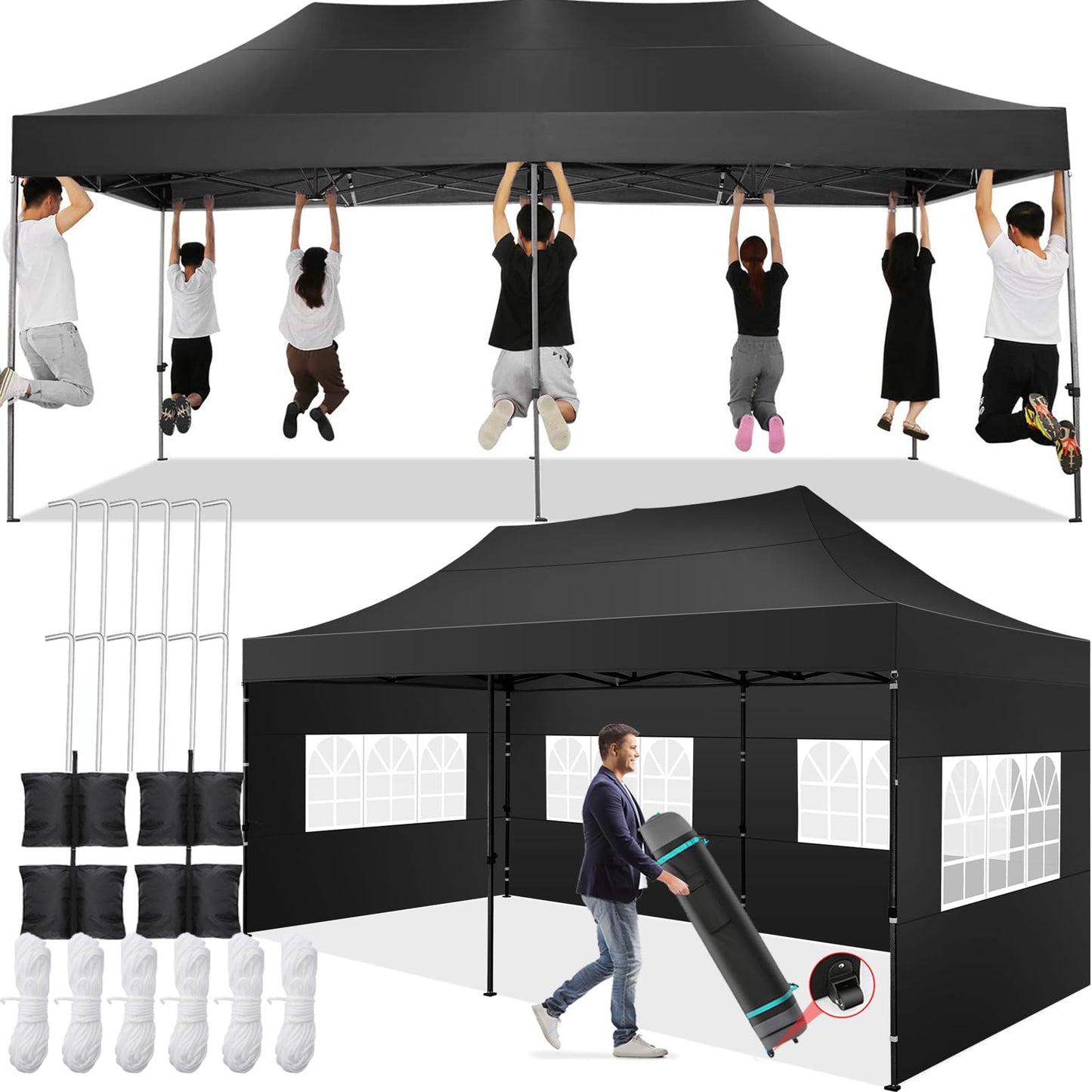 COBIZI 10x20 Pop up Canopy Tent 10x20 Canopy with 6 Sidewalls Waterproof Heavy Duty Commercial Canopy Tent for Parties Outdoor Garden Gazebo, Carry Bag with Wheel(10x20ft,Space Black)