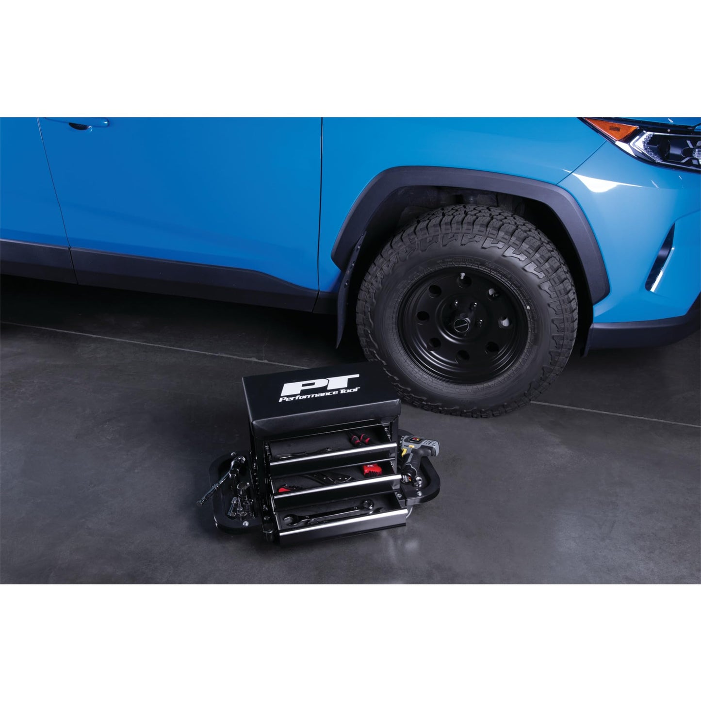 Performance Tool W85025 3-Drawer Rolling Tool Chest Seat With Magnetic Side Trays, Black