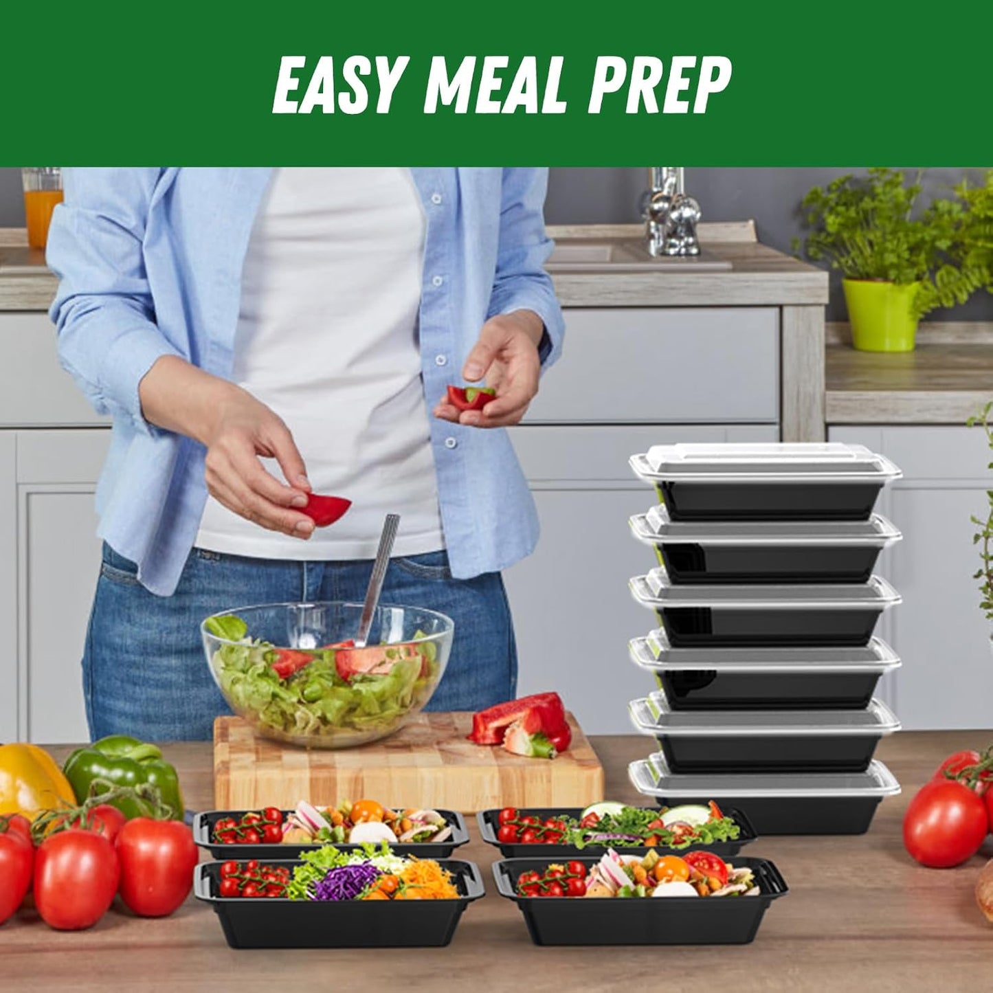 Regine Switzerland 32 oz Meal Prep Containers - 50 Pack, Reusable, Leakproof, Microwave & Dishwasher Safe, Black