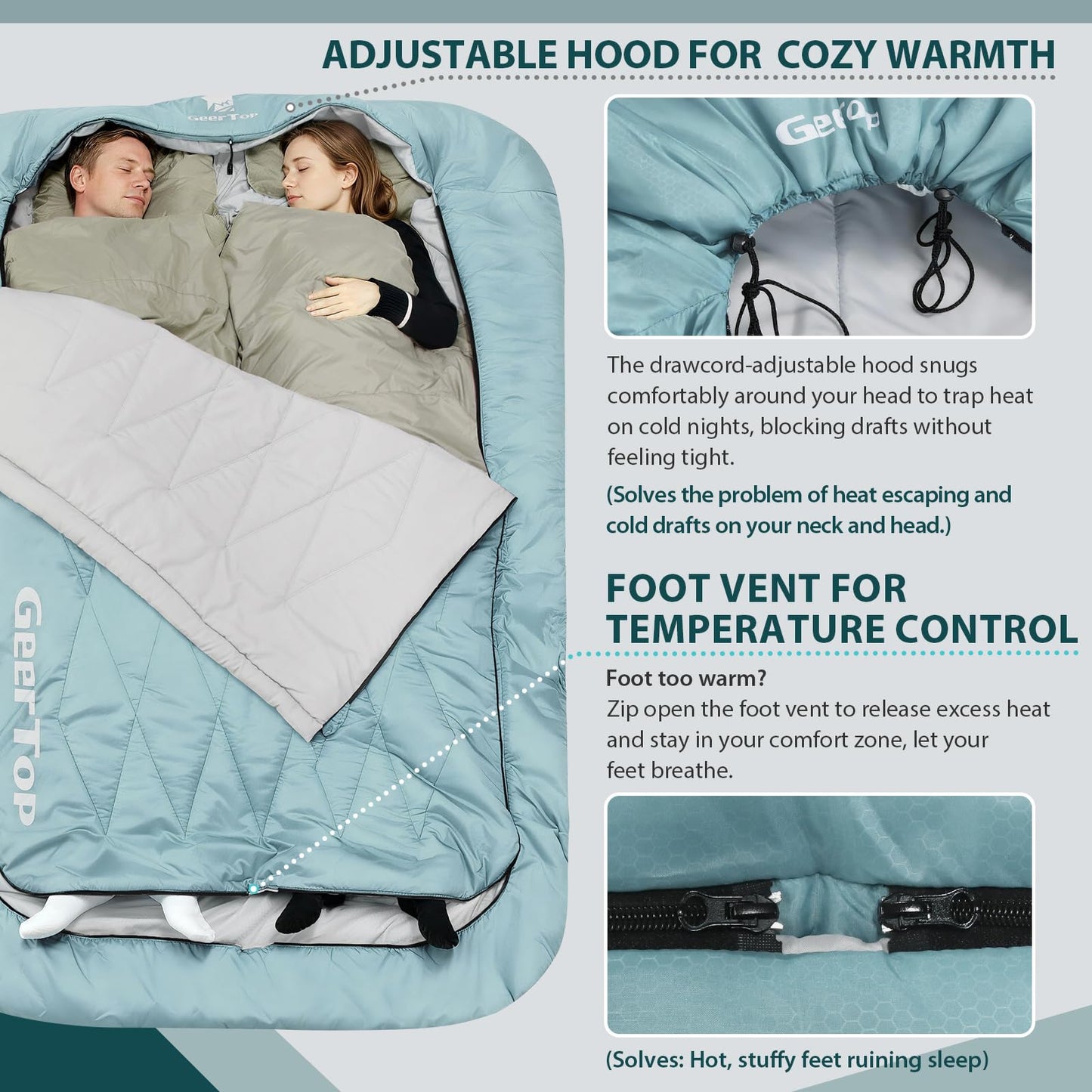 GEERTOP 2 Person Sleeping Bag with Dual Comfort Layer for Couples Adults - 4 Season Cold & Warm Weather Camping Hiking Backpacking Double Sleeping Bag
