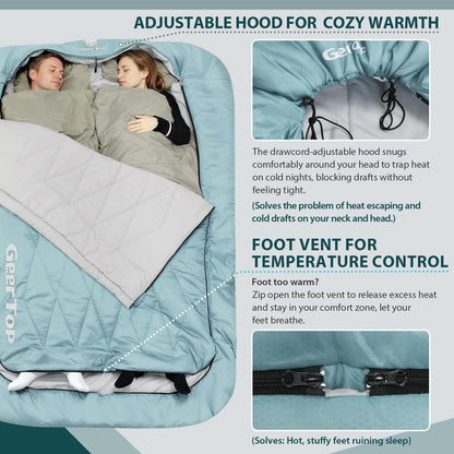 GEERTOP 2 Person Sleeping Bag with Dual Comfort Layer for Couples Adults - 4 Season Cold & Warm Weather Camping Hiking Backpacking Double Sleeping Bag
