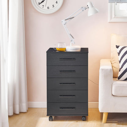 HOOBRO 5-Drawer File Cabinet, Office Cabinet with Drawers, Wooden Storage Cabinet with Wheels for Makeup, Home Office, Study, Easy Assembly, Black BK05WJ01
