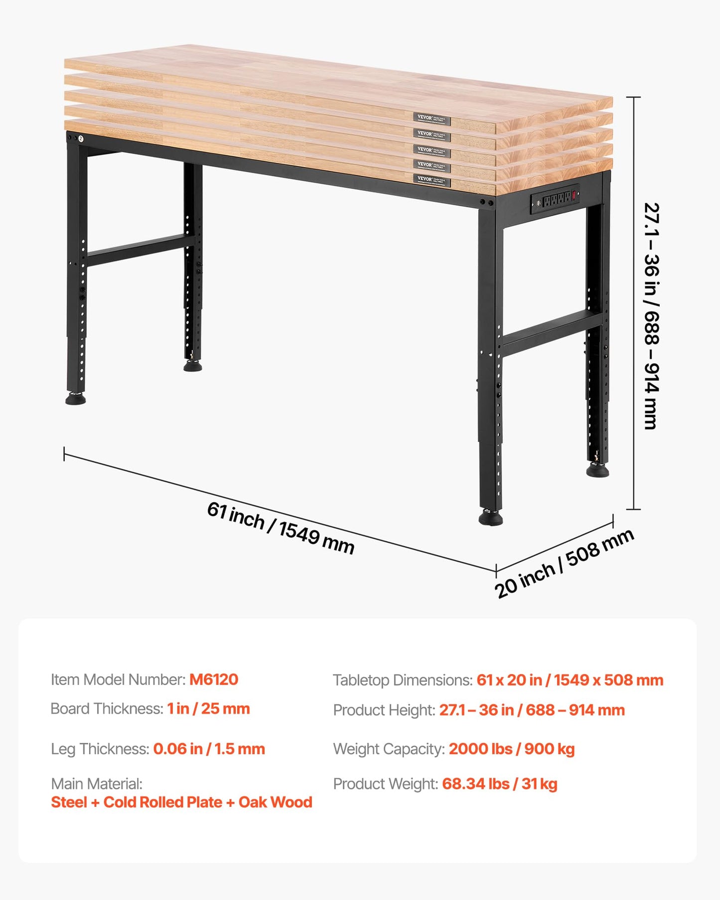 VEVOR Adjustable Workbench, 2000 lbs Capacity, 61 x 20-inch Heavy Duty Work Bench with 27.1-36 Inches Height Adjustment, Garage Workbench with Power Outlets, Suitable for Office, Garage, Workshop