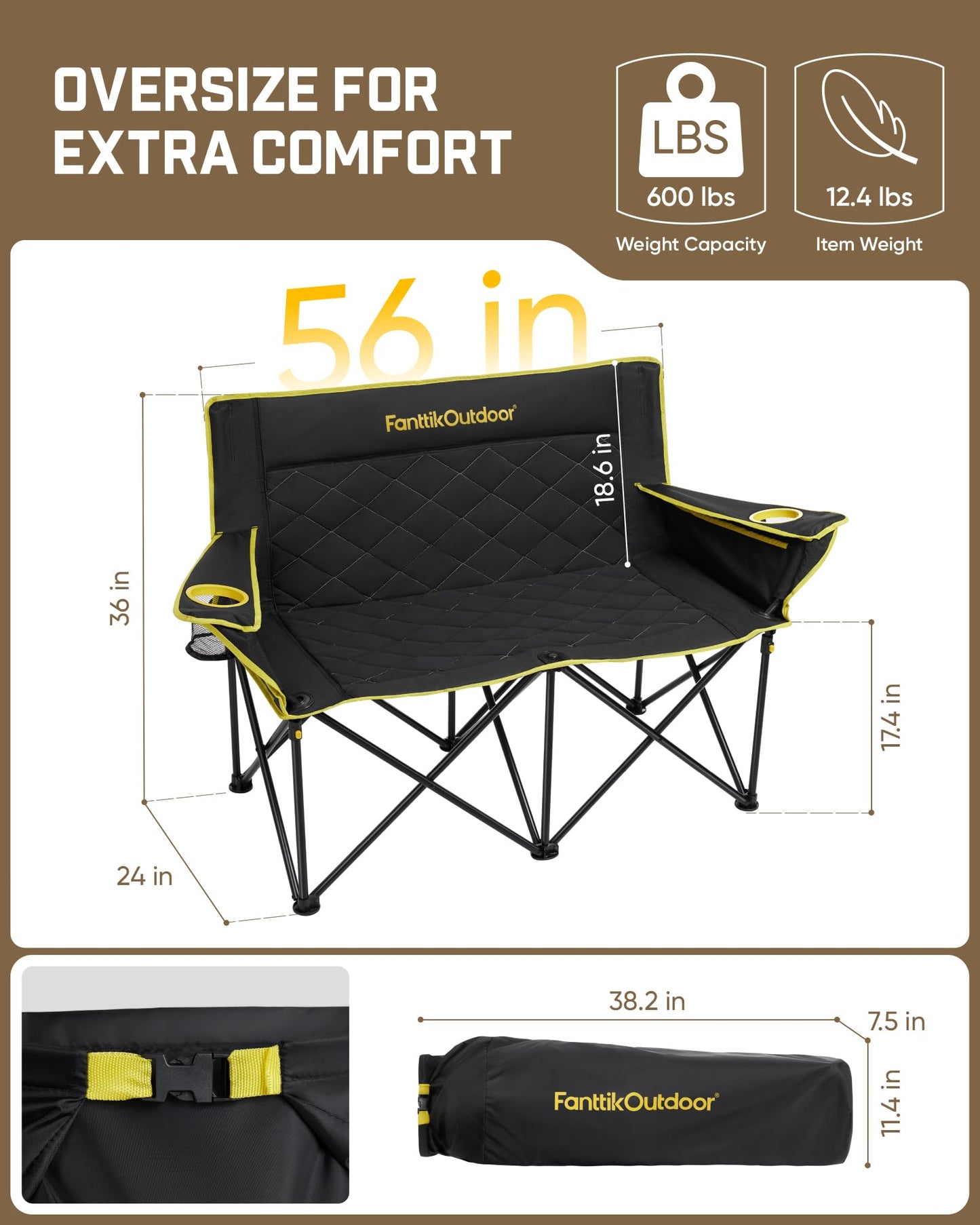 FanttikOutdoor Zeta L11 Duo Pro Double Camping Chair, 2 Person Portable Folding Couch, High Strength Loveseat with Cup Holder & Carry Bag for Travel, Games, BBQ, Backyard, Support up to 600 lbs, Black