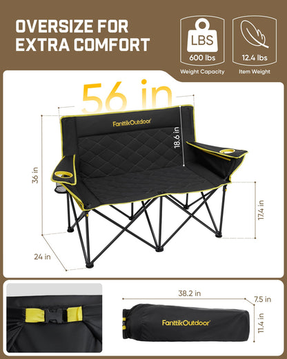FanttikOutdoor Zeta L11 Duo Pro Double Camping Chair, 2 Person Portable Folding Couch, High Strength Loveseat with Cup Holder & Carry Bag for Travel, Games, BBQ, Backyard, Support up to 600 lbs, Black