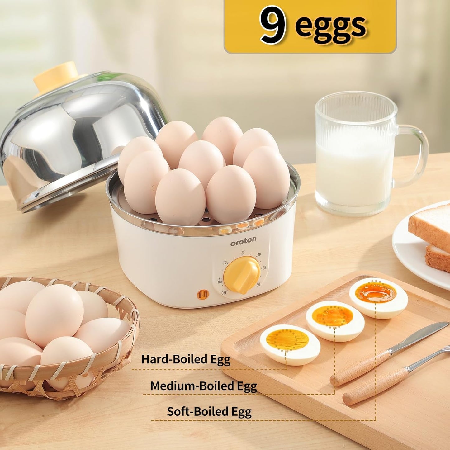 Oroton 9-Egg Stainless Steel Egg Cooker - Automatic Timer, 3 Cooking Modes & Shut-Off Feature