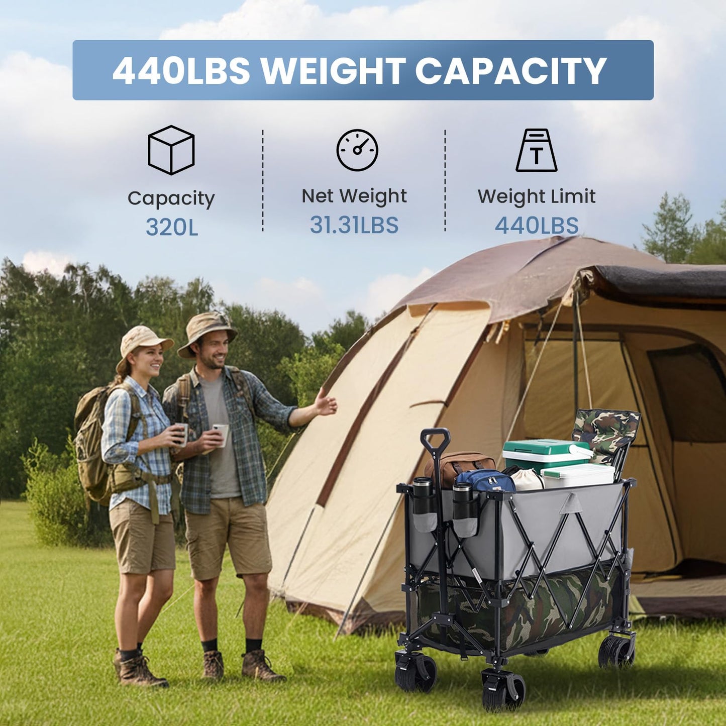 DUMOS 440LBS Heavy Duty Double Decker Wagon Cart with Extender, 400L Large Capacity Collapsible Folding Wagons with Brakes, Adjust Handle, All-Terrain Big Wheels for Garden Shopping Camping - Grey