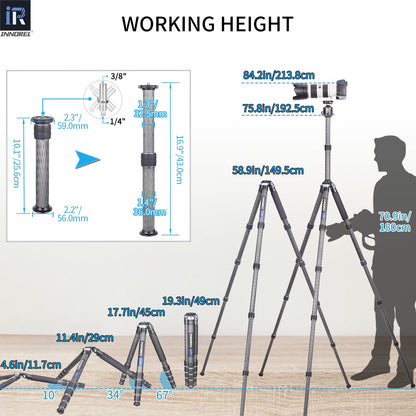 INNOREL KT365C Compact Carbon Fiber Camera Tripod 36mm Max Tube Professional 5 Sections Travel Tripod for Digital DSLR Video Camcorder Heavy Duty Camera Stand Load 66.1lb/30kg with Center Column