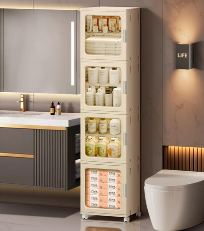 BUMODEL 4-Tier White Slim Storage Cabinet and 4-Tier Beige Slim Storage Cabinet with Doors and Adjustable Shelves