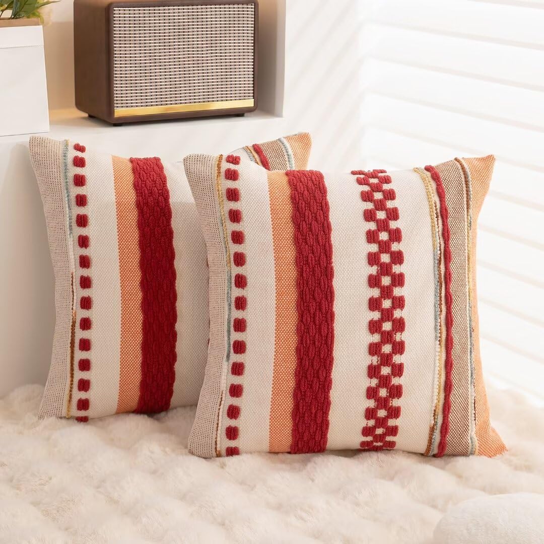Boho Throw Pillow Covers 18x18 Set of 2 Farmhouse Decorative Cushion Case Striped Square Pillows Cover Chenille Pillow Cases Accent Neutral Pillowcase for Sofa Couch Bed,Sky Blue