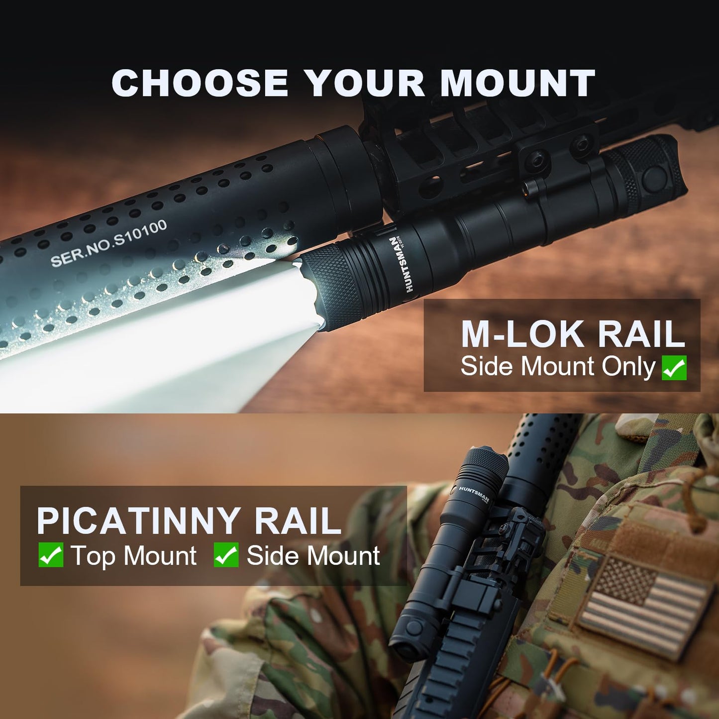 PowerTac Huntsman 1250 Lumens, 510 Meters Long Range MLOK Rail Mounted Tactical Weaponlight Rechargeable Flashlight with Remote Pressure Switch, IPX8 Waterproof