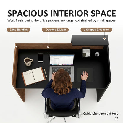 YTElantivo 63″ L-Shaped Reception Desk with Counter – Modern Office Front Desk for Salon, Clinic & Retail, Spacious Workstation, Easy Assembly, Black-Brown Receptionist Desk
