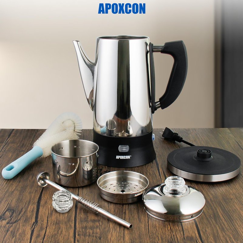 APOXCON Electric Coffee Percolator Stainless Steel Coffee Maker with Clear Brew Progress Tough Glass Knob and On/OFF Switch Classic Coffee Pot with Keep Warm & Cordless Serve No Aluminum (12 Cup)