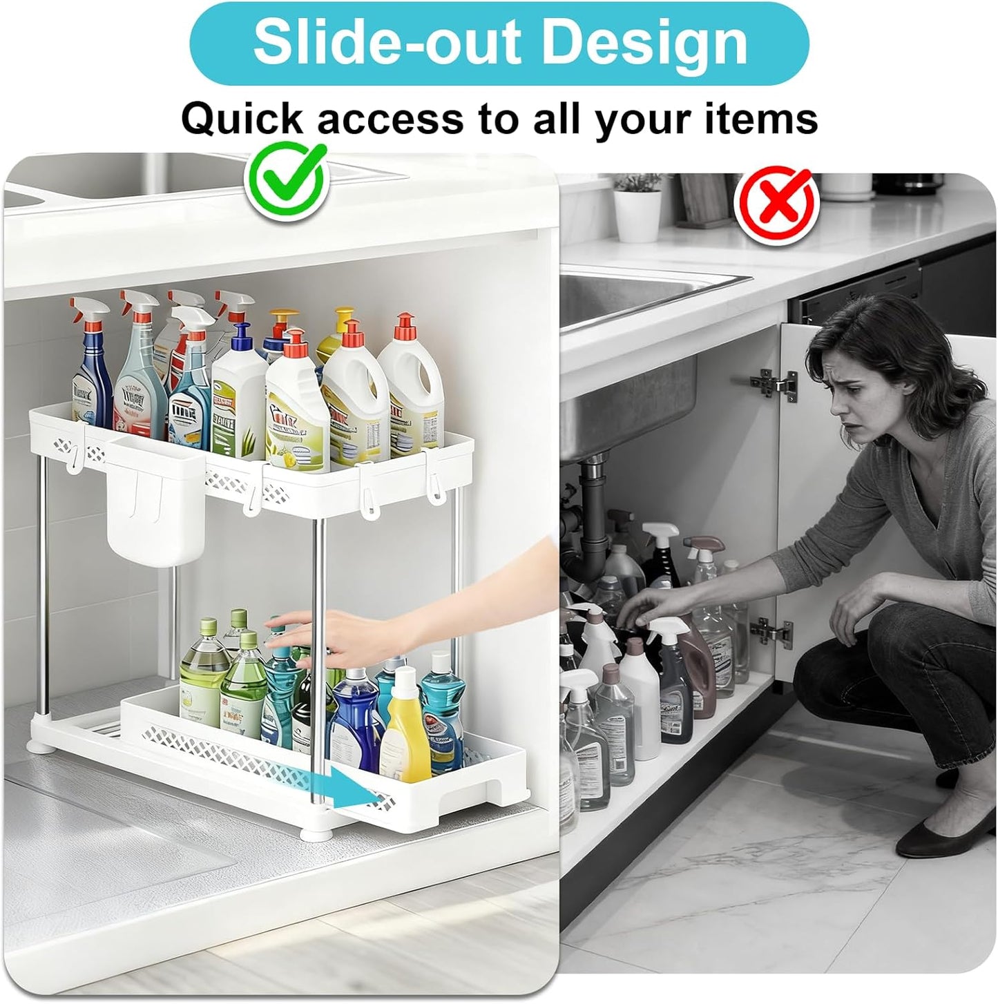 Under Kitchen Sink Organizer - 2-Tier Multi-Purpose Storage Solution | White, 2 Pack with Hooks