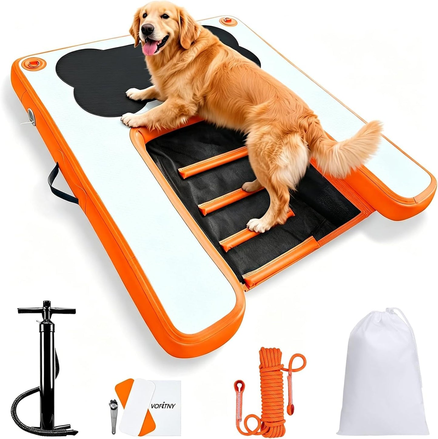VOFiTNY Dog Boat Ramp Dock for Pool Inflatable Puppy Water Raft Plank Portable Pup Mat Floating Doggy Floats Ladder Play Bright Orange up to 240lbs