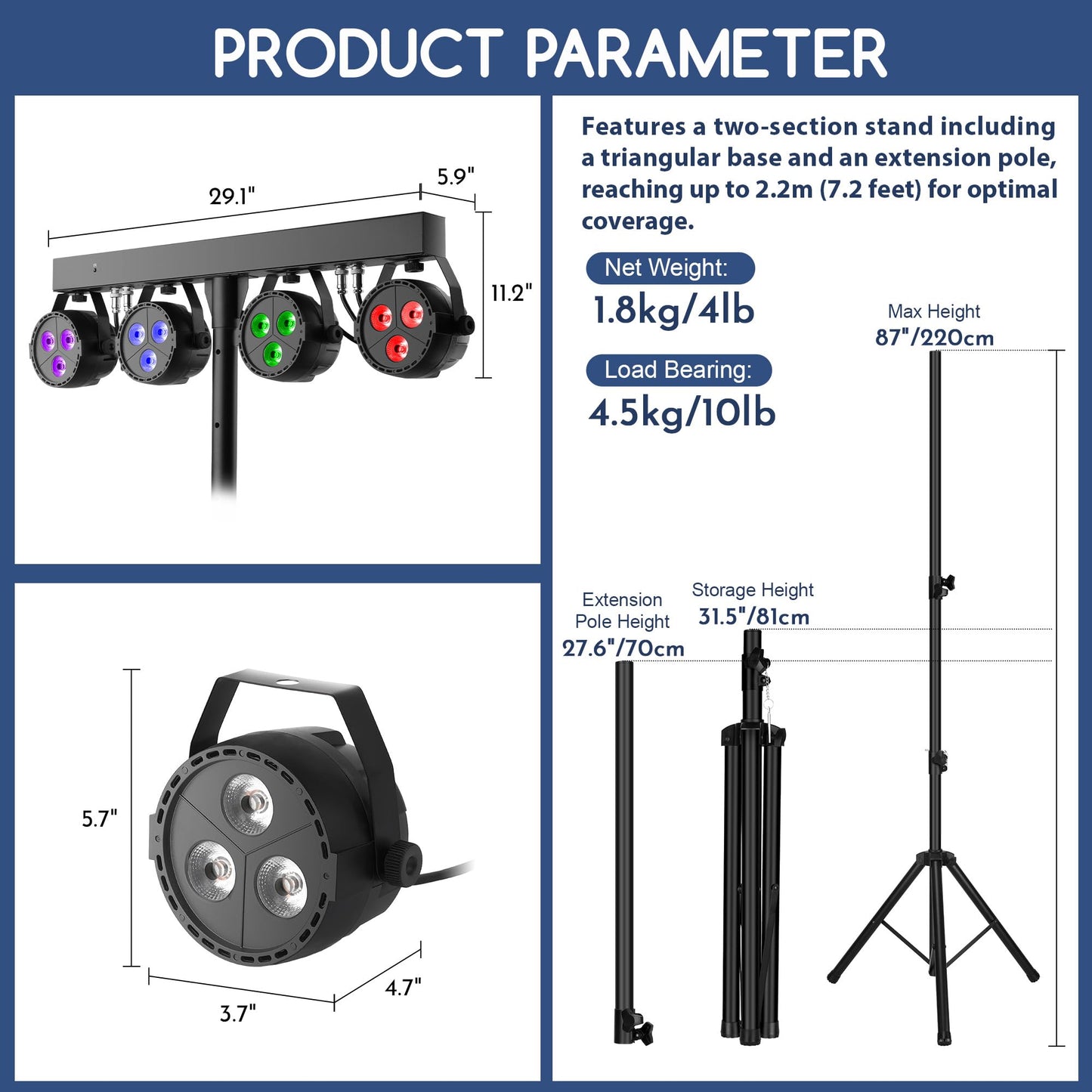 ClypsoReign Stage Lights with Stand 120W, Professional DJ Lights Package, RGBW LED 4-Par Gigbar with DMX & Sound-Activated Stage Lighting System for DJs Band Party Wedding Church & Concert, 7FT Tripod