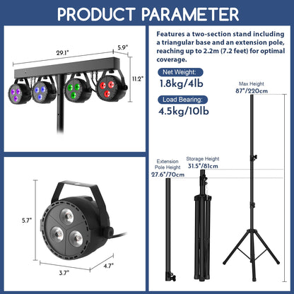 ClypsoReign Stage Lights with Stand 120W, Professional DJ Lights Package, RGBW LED 4-Par Gigbar with DMX & Sound-Activated Stage Lighting System for DJs Band Party Wedding Church & Concert, 7FT Tripod