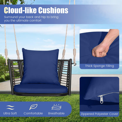 HAPPYGRILL Porch Swing Patio Hanging Rattan Basket Chair, Swing Hammock Chair with Seat Cushion & Back Cushion, PE Rattan, Sturdy Metal Frame, Wicker Hanging Rope Swing, (Navy)