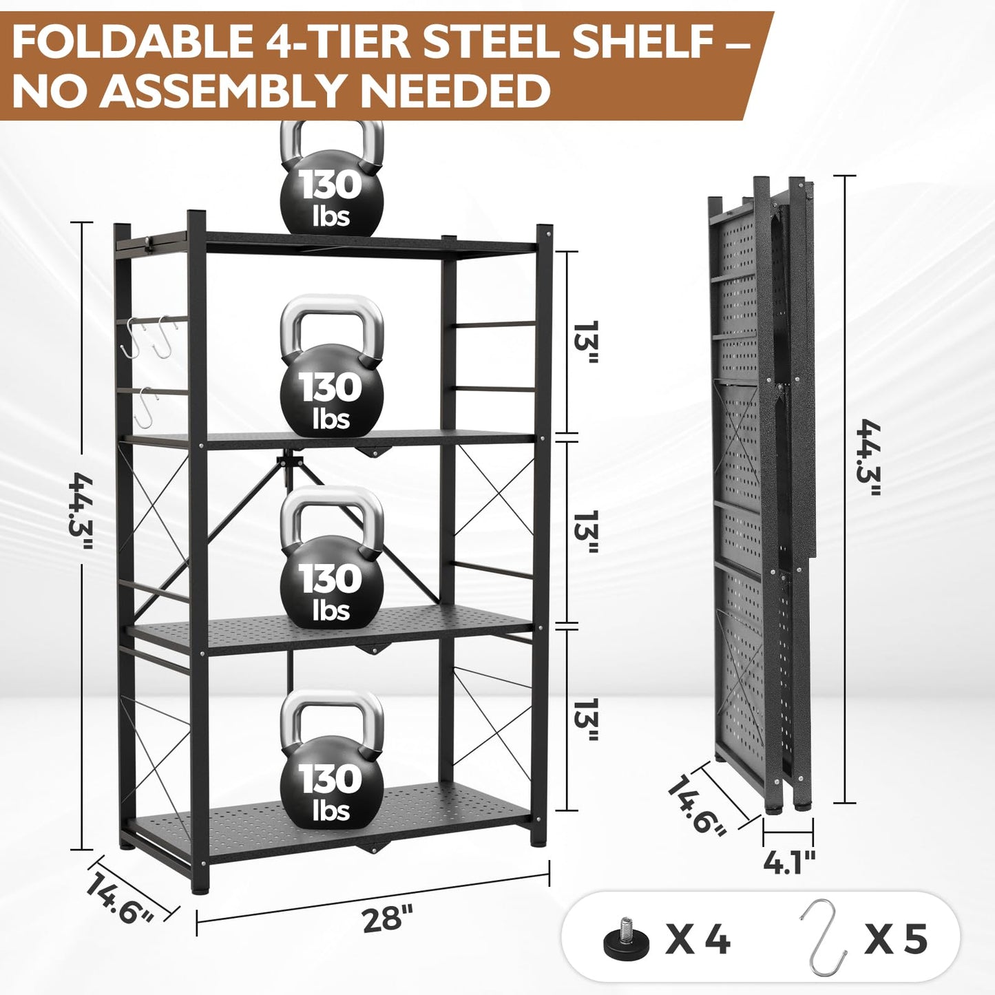 EAGLE PEAK 4-Tier Foldable Greenhouse Shelf, Heavy Duty Metal Storage Rack, No Assembly Steel Shelving Unit, Plant Stand for Greenhouse and Multi-Use Storage, 28”x14.6”x44.7”, 520 lbs, 2 Pack, Black