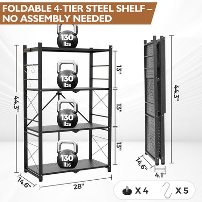 EAGLE PEAK 4-Tier Foldable Greenhouse Shelf, Heavy Duty Metal Storage Rack, No Assembly Steel Shelving Unit, Plant Stand for Greenhouse and Multi-Use Storage, 28”x14.6”x44.7”, 520 lbs, 2 Pack, Black