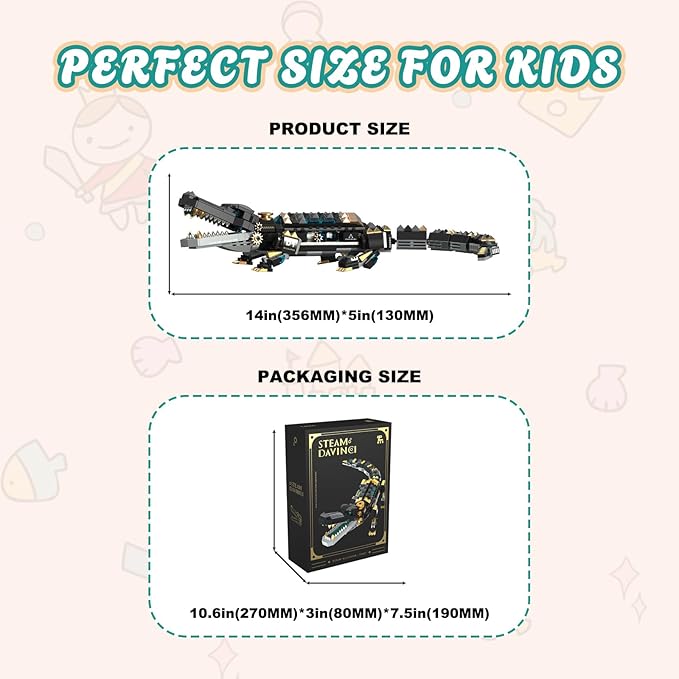 Mechanical Alligator Building Set 541 Pieces Steampunk Crocodile Model Kit with Golden Nameplate Articulated Swamp Beast Construction Toy Cyberpunk Bio-Animal Decor Gift for Adults Teens