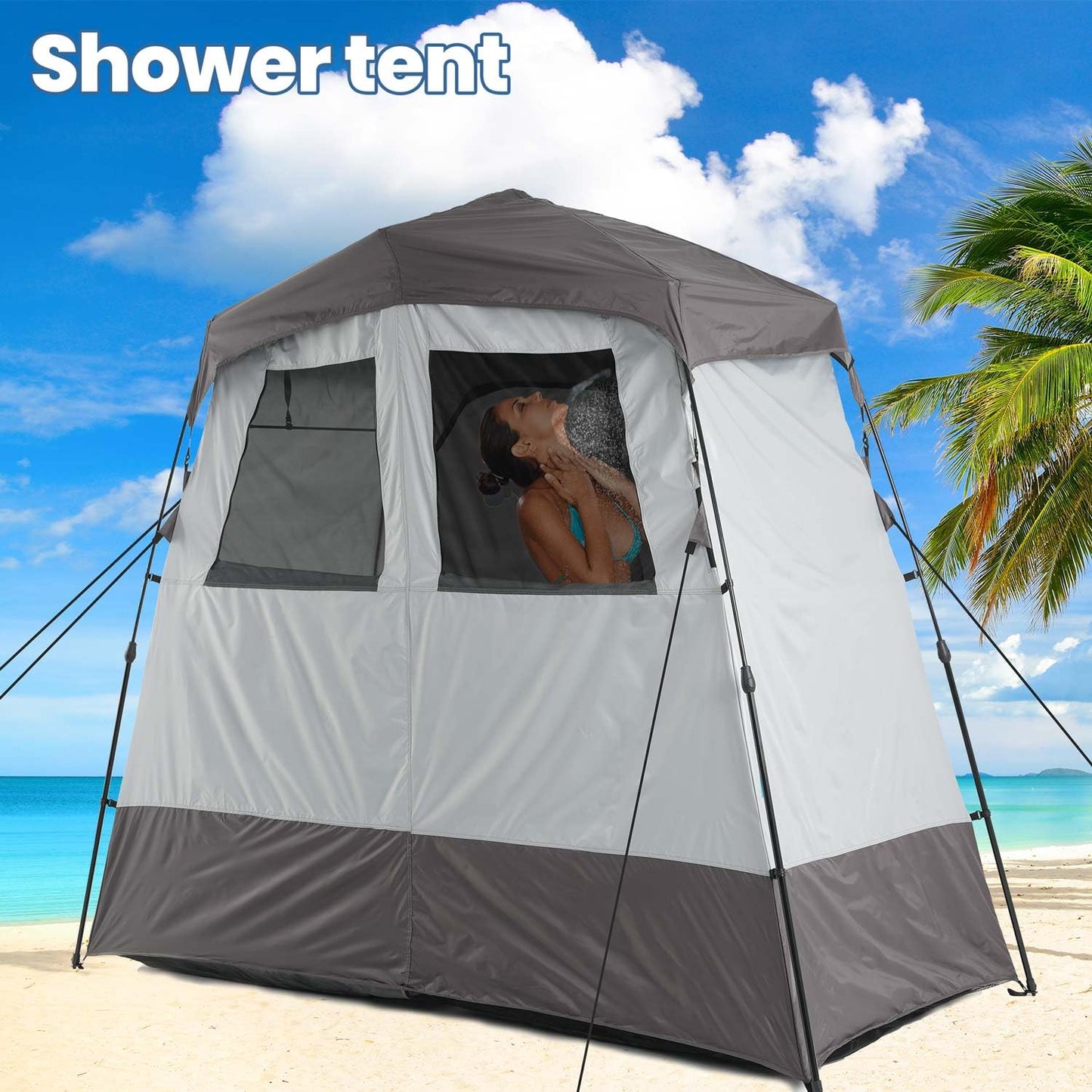 Porayhut Portable Camping Shower Tent Deluxe Changing Room Easy Set Up Privacy Shelter,Large Toilet Tent with Floor Drain Design for Beach, Camping,Hiking with 2 Rooms,Stakes and Ropes for Stability