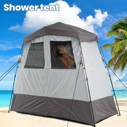 Porayhut Portable Camping Shower Tent Deluxe Changing Room Easy Set Up Privacy Shelter,Large Toilet Tent with Floor Drain Design for Beach, Camping,Hiking with 2 Rooms,Stakes and Ropes for Stability